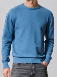 Bawełniany sweter z okrągłym kołnierzem - niebieski. Niebieskie swetry męskie Sinsay, l, bez wzorów, z bawełny, bez kołnierzyka, bez ramiączek. Za 59.99 zł.