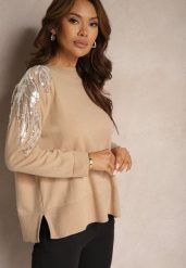 Beżowy Sweter z Wiskozą i Modalem Ozdobiony Cekinami i Perłami Iveara. Brązowe swetry nierozpinane damskie Renee, na zimę, bez wzorów, z wiskozy, casualowe, bez kołnierzyka, bez ramiączek. Za 99.99 zł.