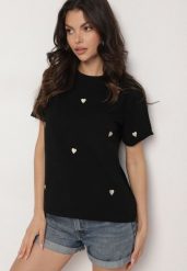 Czarny T-shirt z Bawełny w Serca Kolavelle. Czarne t-shirty damskie Born2be, l, bez wzorów, z bawełny, klasyczne, bez kołnierzyka, bez ramiączek. Za 59.99 zł.