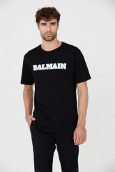 BALMAIN Czarny t-shirt z białym logo Retro Balmain Flock. Czarne t-shirty męskie Balmain, m, bez wzorów, bez kołnierzyka, bez ramiączek. W wyprzedaży za 1,299.99 zł.
