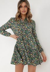 Czarno-Zielona Sukienka Caeathe. Zielone sukienki damskie Born2be, xl, z aplikacjami, klasyczne, bez kołnierzyka, bez ramiączek, mini, koszulowe. Za 49.99 zł.