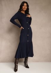 Granatowa Sweterkowa Sukienka z Wiskozą z Rozkloszowanym Dołem i Guzikami Fertilea. Niebieskie sukienki damskie Renee, na co dzień, m, bez wzorów, z wiskozy, casualowe, bez kołnierzyka, bez ramiączek, midi, proste. Za 139.99 zł.