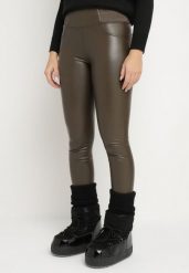 Brązowe Ocieplane Legginsy z Ekoskóry z Wysokim Stanem Feliora. Brązowe legginsy damskie Born2be, bez wzorów, z jeansu. Za 29.99 zł.