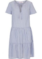 Letnia sukienka tunikowa z czystej bawełny. Niebieskie sukienki damskie bonprix, na lato, bez wzorów, z bawełny, bez kołnierzyka, bez ramiączek. Za 124.99 zł.