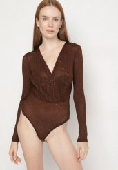 Brązowe Kopertowe Body z Domieszką Wiskozy Zdobione Brokatem i Cekinami Jaddie. Brązowe body Born2be, z aplikacjami, z jeansu. Za 109.99 zł.