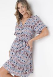 Niebieska Wiskozowa Sukienka Mini z Gumką i Materiałowym Paskiem w Pasie Upshaw. Niebieskie sukienki damskie Born2be, na co dzień, l, bez wzorów, z materiału, bez kołnierzyka, bez ramiączek, mini, proste. Za 64.99 zł.