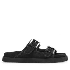 Klapki Eva Minge. Czarne klapki damskie Eva Minge, bez wzorów, bez obcasa, bez zapięcia. Za 399.99 zł.