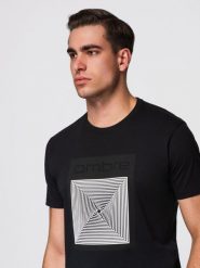 Męska koszulka bawełniana z geometrycznym nadrukiem - czarna V1 - Rozmiar: L. Czarne t-shirty męskie Ombre Clothing, l, bez wzorów, z bawełny, bez kołnierzyka, bez ramiączek. Za 129.99 zł.