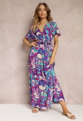 Fioletowa Wiskozowa Sukienka Maxi z Gumką w Talii i Materiałowym Paskiem Saramu. Fioletowe sukienki damskie Renee, na wiosnę, s, bez wzorów, z materiału, bez kołnierzyka, bez ramiączek, maxi, rozkloszowane. Za 59.99 zł.
