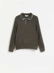 Sweter polo z bawełną - zielony. Zielone swetry męskie Reserved, l, bez wzorów, z bawełny, bez kołnierzyka, bez ramiączek. Za 139.99 zł.