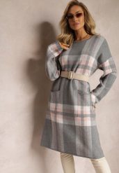Szara Pudełkowa Sukienka Dzianinowa Midi w Kratę Farbia. Szare sukienki damskie Renee, l, bez wzorów, z dzianiny, bez kołnierzyka, bez ramiączek, midi. Za 64.99 zł.