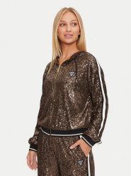 Guess Bluza V4BQ19 KCI90 Brązowy Regular Fit. Brązowe bluzy damskie Guess, xxs, z aplikacjami, z syntetyku, bez ramiączek, bez kaptura. Za 389.99 zł.