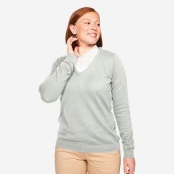 Sweter do golfa damski Inesis MW100. Szare swetry nierozpinane damskie INESIS, l, bez wzorów, z bawełny, eleganckie, bez kołnierzyka, bez ramiączek. Za 49.99 zł.