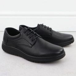 Półbuty męskie eleganckie czarne Unisoft 7156. Czarne półbuty męskie marka niezdefiniowana, bez wzorów, ze skóry ekologicznej, bez obcasa, bez zapięcia. Za 132.99 zł.