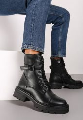 Czarne Botki Workery na Platformie Wykończone Paskiem i Klamrą Destinas. Czarne botki damskie Renee, bez wzorów, z jeansu, eleganckie, bez obcasa, na platformie, bez zapięcia. Za 139.99 zł.