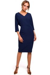 Sukienka elegancka ołówkowa zbluzowana góra i dekolt V granatowa. Sukienki damskie Sukienki.shop, do pracy, xxl, bez wzorów, biznesowe, bez kołnierzyka, bez ramiączek, ołówkowe. W wyprzedaży za 160.00 zł.
