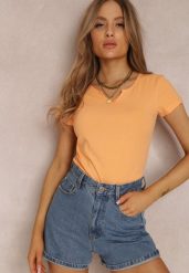 Pomarańczowy T-shirt Amarhyse. Brązowe t-shirty damskie Renee, l, z aplikacjami, z bawełny, bez kołnierzyka, bez ramiączek. Za 29.99 zł.