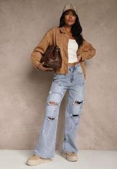 Niebieskie Jeansy High Waist Wide Leg z Ozdobnymi Przetarciami i Dziurami Elintyse. Niebieskie jeansy damskie Renee, bez wzorów, z jeansu, klasyczne, z podwyższonym stanem. Za 119.99 zł.