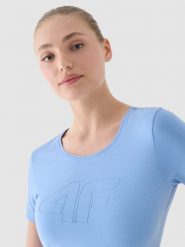 4F T-shirt slim z nadrukiem damski - niebieski S. Niebieskie t-shirty damskie 4F, s, bez wzorów, z bawełny, klasyczne, bez kołnierzyka, bez ramiączek. W wyprzedaży za 39.99 zł.