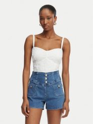 Guess Top W6GH47 W1880 Biały Classic Fit. Białe topy damskie Guess, m, z aplikacjami, z bawełny, bez kołnierzyka, bez ramiączek. Za 344.99 zł.