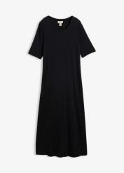 Długa sukienka z miękkiej mieszanki modalu. Czarne sukienki damskie bonprix, bez wzorów, bez kołnierzyka, bez ramiączek, maxi, rozkloszowane. Za 142.99 zł.