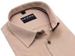 Ciemnobeżowa koszula męska Modini z krótkim rękawem - "kawa z mlekiem" DK18. Koszule męskie Modini Moda Męska, m, bez wzorów, z bawełny, casualowe, bez kołnierzyka, bez ramiączek. W wyprzedaży za 148.50 zł.