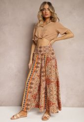 Beżowe Spodnie z Szerokimi Nogawkami Palazzo High Waist z Gumką w Talii Fiesa. Brązowe spodnie materiałowe damskie Renee, bez wzorów, z jeansu, retro, z podwyższonym stanem. Za 44.99 zł.
