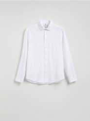 Bawełniana koszula super slim fit - biały. Białe koszule męskie Reserved, l, bez wzorów, z bawełny, bez kołnierzyka, bez ramiączek. W wyprzedaży za 89.99 zł.