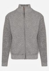 Szary Kardigan w Jodełkę na Suwak z Polarową Wyściółką Iwedara. Szare swetry męskie Born2be, l, bez wzorów, z jeansu, sportowe, bez kołnierzyka, bez ramiączek. Za 89.99 zł.