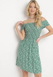Zielona Bawełniana Sukienka Hiszpanka o Rozkloszowanym Kroju w Kwiatowy Print Rosaja. Zielone sukienki damskie Born2be, na lato, m, bez wzorów, z bawełny, eleganckie, bez kołnierzyka, bez ramiączek, mini, rozkloszowane. Za 49.99 zł.