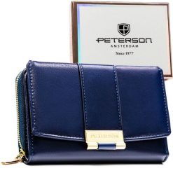 Granatowy, poziomy portfel damski wykonany ze skóry ekologicznej i zamykany na zatrzask - Peterson. Niebieskie portfele damskie Peterson, ze skóry ekologicznej. Za 99.99 zł.