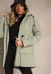 Jasnozielona Kurtka Pikowana w Stylu Parki ze Ściągaczem w Talii i Odpinanym Kapturem Erivieria. Zielone kurtki damskie Renee, l, bez wzorów, z jeansu, z kapturem. Za 279.99 zł.