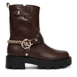 Botki Guess. Brązowe botki damskie Guess, z aplikacjami, bez obcasa, na płaskiej podeszwie, bez zapięcia. Za 674.99 zł.