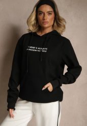 Czarna Bluza z Kapturem Kangurka z Napisem Lunirin. Czarne bluzy damskie Renee, l, bez wzorów, z jeansu, eleganckie, bez ramiączek, z kapturem. Za 59.99 zł.
