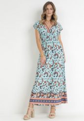 Jasnoniebieska Kopertowa Sukienka Maxi z Gumką w Pasie we Wzór Paisley Anitte. Niebieskie sukienki damskie Born2be, na lato, l, bez wzorów, bez kołnierzyka, bez ramiączek, maxi, kopertowe. Za 44.99 zł.