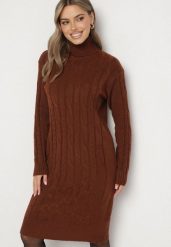 Brązowa Sweterkowa Sukienka z Golfem Wełną i Bawełną Ozdobiona Splotem Reiania. Brązowe sukienki damskie Born2be, do pracy, bez wzorów, z bawełny, biznesowe, bez kołnierzyka, bez ramiączek, proste. Za 79.99 zł.