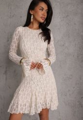 Beżowa Sukienka z Koronki Ozdobiona Rozkloszowanymi Rękawami Cinalata. Brązowe sukienki damskie Renee, l, bez wzorów, z koronki, eleganckie, bez kołnierzyka, bez ramiączek, mini, dopasowane. Za 159.99 zł.