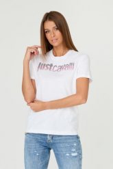 JUST CAVALLI Biały t-shirt R LOGO CRYSTAL. Białe t-shirty damskie Just Cavalli, s, bez wzorów, z bawełny, bez kołnierzyka, bez ramiączek. W wyprzedaży za 299.99 zł.