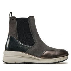 Botki Tamaris. Szare botki damskie Tamaris, bez wzorów, bez obcasa, na koturnie, bez zapięcia. Za 459.99 zł.