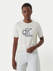 Calvin Klein Jeans Sweter LV047F356G Écru Regular Fit. Białe swetry nierozpinane damskie Calvin Klein Jeans, xs, bez wzorów, z bawełny, bez kołnierzyka, bez ramiączek. Za 409.99 zł.