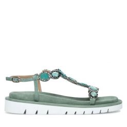 Sandały Eva Minge. Zielone sandały damskie Eva Minge, bez wzorów, bez obcasa, na płaskiej podeszwie, bez zapięcia. Za 399.99 zł.