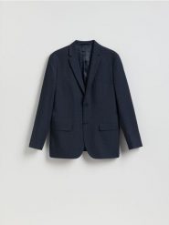 Marynarka slim fit w micro kratę - granatowy. Niebieskie garnitury męskie Reserved, bez wzorów, z elastanu. Za 359.99 zł.