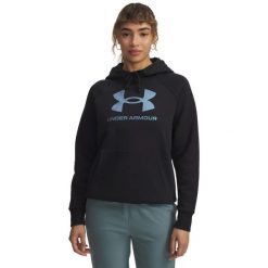 Bluza damska z kapturem Under Armour Rival Shimmer. Czarne bluzy damskie Under Armour, m, bez wzorów, z bawełny, bez ramiączek, z kapturem. Za 281.43 zł.