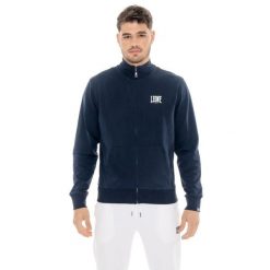 Bluza z bawełna z pełny zamek błyskawiczny na co dzień. Niebieskie bluzy męskie LEONE 1947 APPAREL, bez wzorów, z bawełny, sportowe, bez ramiączek, bez kaptura. W wyprzedaży za 136.83 zł.