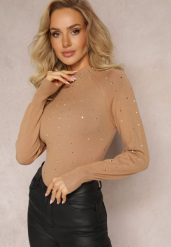 Ciemnobeżowy Sweter Golf z Cyrkoniami z Przodu Jacque. Brązowe swetry nierozpinane damskie Renee, s, bez wzorów, bez kołnierzyka, bez ramiączek. Za 54.99 zł.