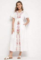 Biała Bawełniana Sukienka Boho o Rozkloszowanym Kroju z Haftem i Frędzlami Modixa. Białe sukienki damskie Born2be, na co dzień, l, z aplikacjami, z bawełny, boho, bez kołnierzyka, bez ramiączek, maxi, rozkloszowane. Za 119.99 zł.