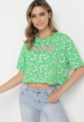 Zielony Bawełniany T-shirt Oversize w Kwiatowy Print o Krótkim Fasonie Daelinn. Zielone t-shirty damskie Born2be, l, bez wzorów, z bawełny, bez kołnierzyka, bez ramiączek. Za 29.99 zł.