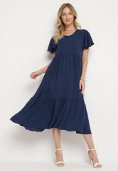 Granatowa Sukienka o Rozkloszowanym Kroju z Wiskozą Filastia. Niebieskie sukienki damskie Born2be, na co dzień, l, bez wzorów, z wiskozy, eleganckie, bez kołnierzyka, bez ramiączek, midi, rozkloszowane. Za 69.99 zł.