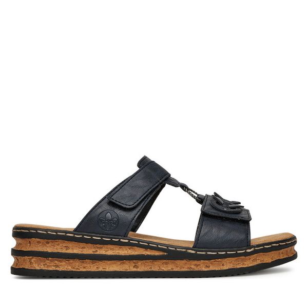 Klapki Rieker. Niebieskie klapki damskie Rieker, bez wzorów, bez obcasa, bez zapięcia. Za 299.99 zł.