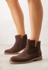 Brązowe Ażurowe Botki na Płaskiej Podeszwie ze Skórzaną Wkładką Terilara. Brązowe botki damskie Renee, w ażurowe wzory, z jeansu, bez obcasa, na płaskiej podeszwie, bez zapięcia. Za 169.99 zł.